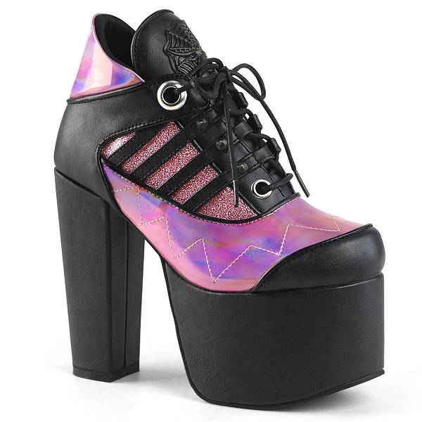 Demonia Women's Torment-216 Platform Ankle Boots - Black Vegan Leather/Pink Hologram D7914-68US Clearance